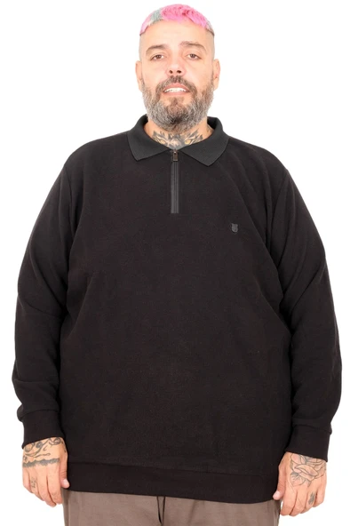 Büyük Beden Erkek Sweat Polo Yaka Waffle Selanik Siyah 25822 - Resim 2