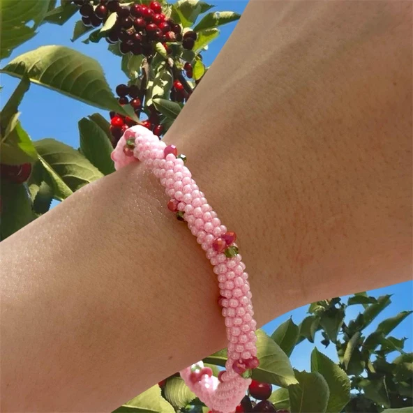 Pofuduk Kiraz El İşçiliği Kadın Bileklik BLK1 Pembe Renk 19cm Takı - Resim 4