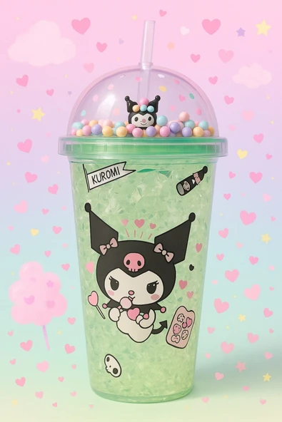 Çocuklar İçin Sevimli Renkli Boncuklu Kuromi Tasarımlı Pipetli İçecek Bardağı Suluk Yeşil 2647 ürün görseli 1