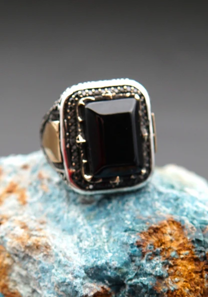 925 Ayar Gümüş Erkek  Oltu Taşı Yüzük sy00089 ürün görseli 1