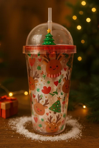 Sevimli Geyikli Kar Tanesi Noel Ağacı Desenli Süslemeli Renkli Pipetli Kupa Bardak Suluk 450ML 2768C - Resim 2