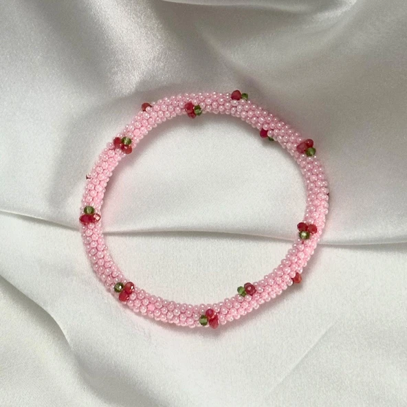 Pofuduk Kiraz El İşçiliği Kadın Bileklik BLK1 Pembe Renk 19cm Takı - Resim 2