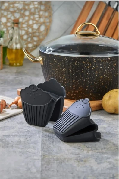 2 Adet ilikon Fırın Eldiveni Kaymaz Mikrodalga Fırın Tencere Tepsi Tutmaç Seti Siyah ürün görseli