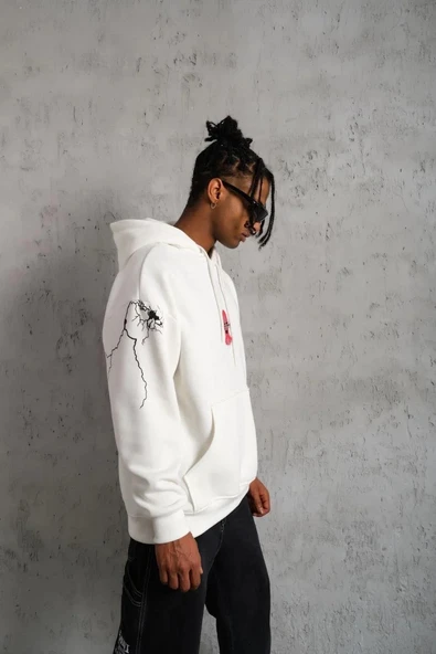 Erkek Oversize Üç İplik Kapüşonlu Sweatshirt – “Don’t Be Terrified” Ön, Sırt ve Kol Baskılı, Kanguru Cepli, Ribanalı Rah - Resim 2