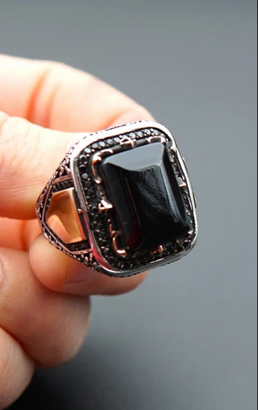 925 Ayar Gümüş Erkek  Oltu Taşı Yüzük sy00089 - Resim 4