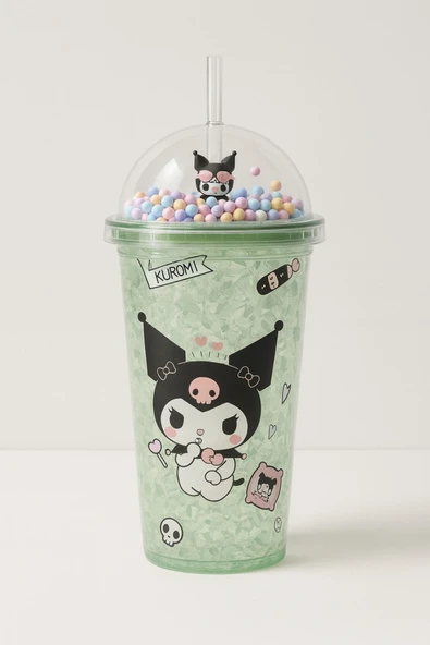 Çocuklar İçin Sevimli Renkli Boncuklu Kuromi Tasarımlı Pipetli İçecek Bardağı Suluk Yeşil 2647 - Resim 2