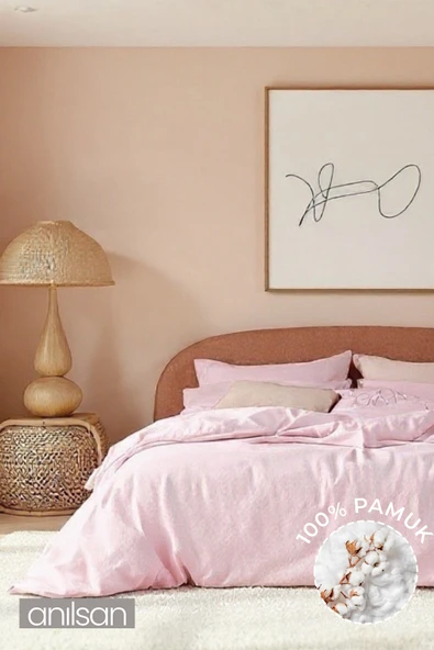 Düz Pudra Tek Kişilik Lastikli Çarşaf Düğmeli Nevresim Takım %100 Pamuk 1 Adet Yastık Kılıf, 63tel