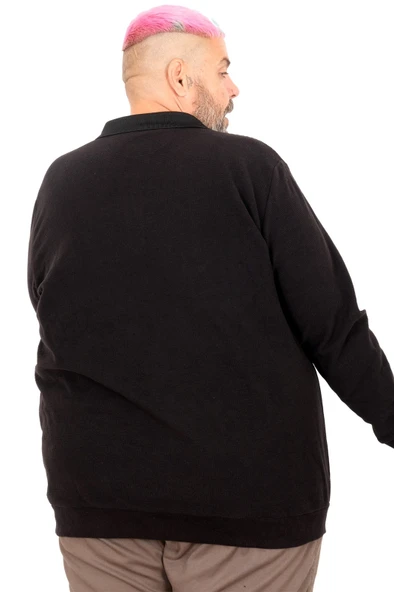 Büyük Beden Erkek Sweat Polo Yaka Waffle Selanik Siyah 25822 - Resim 4