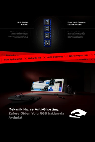 Rampage Nimbus Beyaz USB Rainbow Türkçe Red Switch 26 Tuş Anti-Ghosting Mekanik Klavye Oyuncu Klavyesi - Resim 4