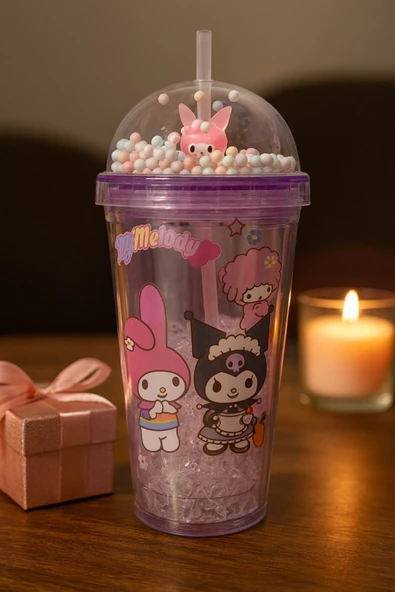 Çocuklar İçin Sevimli Renkli Boncuklu Kuromi Tasarımlı Pipetli İçecek Bardağı Suluk Mor 2647 ürün görseli 1