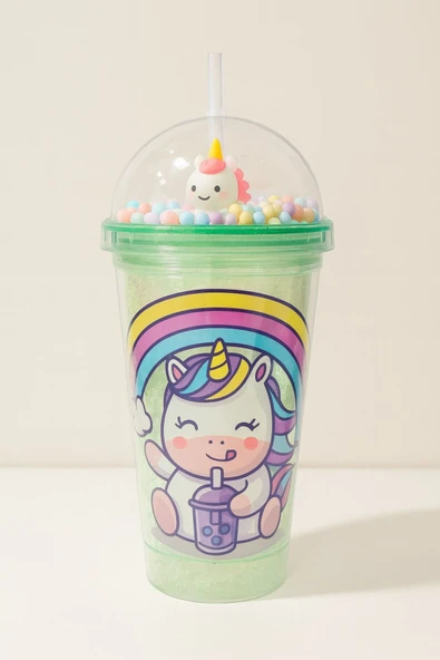 Renkli Boncuklu Unicorn Tasarımlı Pipetli İçecek Bardağı Çocuklar İçin Sevimli Suluk Yeşil 2646 - Resim 2
