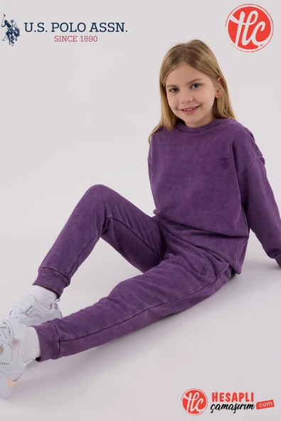 U.S Polo Assn. Garson Kız Çocuk Mor Kalın 3 İplik Kumaş Uzun Kollu Lastikli Eşofman Takım
