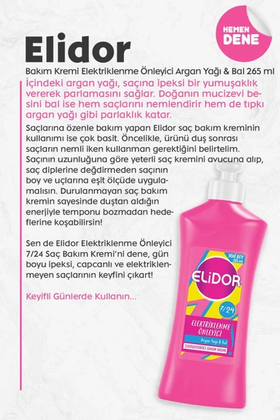 ELİDOR 7 24 Şekillendirici Saç Bakım Kremi Elektriklenme Önleyici Argan Yağı Bal 265 ml - 2
