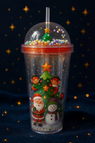 Noel Çam Ağacı Altında Noel Baba ve Kardan Adam Desenli Renkli Pipetli Kupa Bardak Suluk 450ML 2768B - 2