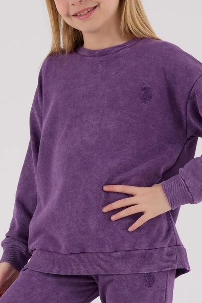 U.S Polo Assn. Garson Kız Çocuk Mor Kalın 3 İplik Kumaş Uzun Kollu Lastikli Eşofman Takım - 5