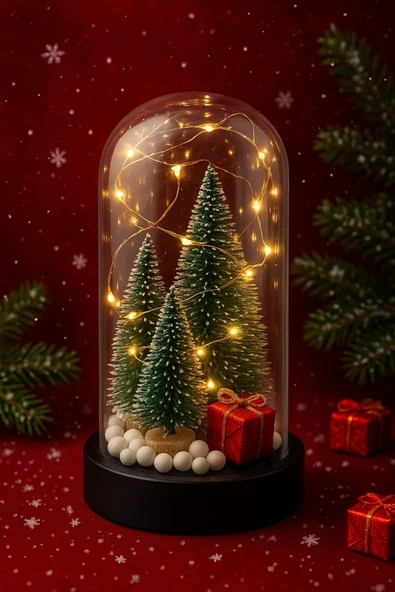 Yeni Yıl Ruhunu Yansıtan Led Işıklı 3 LÜ Yılbaşı Kar Efektli Çam Ağacı Hediye Paketi Temalı Fanus ürün görseli 1