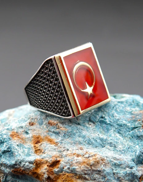 925 Ayar Gümüş Ay Yıldız Mineli Erkek Yüzük sy00086 - Resim 2