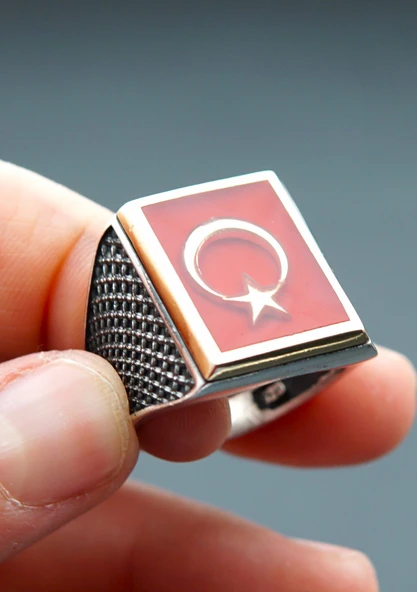 925 Ayar Gümüş Ay Yıldız Mineli Erkek Yüzük sy00086 ürün görseli 1