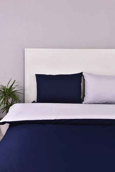 Çift Taraflı Çift Kişilik Nevresim Takımı Lacivert Gri %100 Pamuk - Resim 2