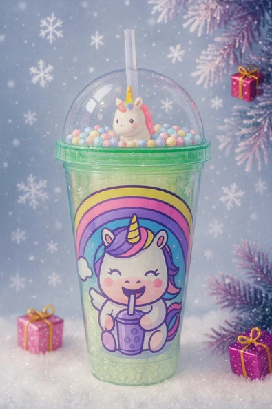 Renkli Boncuklu Unicorn Tasarımlı Pipetli İçecek Bardağı Çocuklar İçin Sevimli Suluk Yeşil 2646 - Resim 3