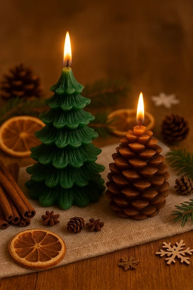 2’li Yılbaşı Temalı Masa ve Ev Dekoru Kozalak ve Çam Ağacı Temalı Doğal Mum Yılbaşı Hediye Seti ürün görseli