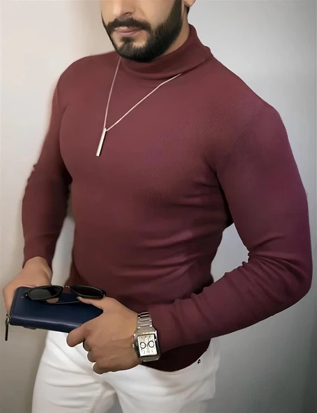 Erkek Tam Boğazlı Fitilli Kaşkorse Triko – Likralı, Extra Dar Kesim Slimfit, Yumuşak Kaşmir Dokulu Model - Bordo ürün görseli 1