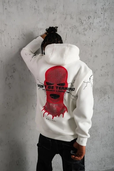 Erkek Oversize Üç İplik Kapüşonlu Sweatshirt – “Don’t Be Terrified” Ön, Sırt ve Kol Baskılı, Kanguru Cepli, Ribanalı Rah - Resim 4