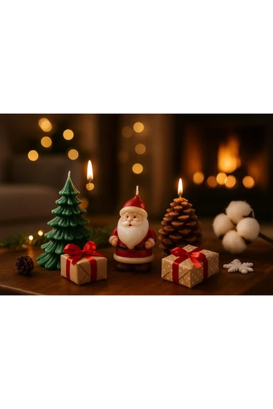 3’lü Yılbaşı Temalı Masa ve Ev Dekoru Noel Baba Kozalak ve Çam Ağacı Temalı Mum Yılbaşı Hediye Seti - 3