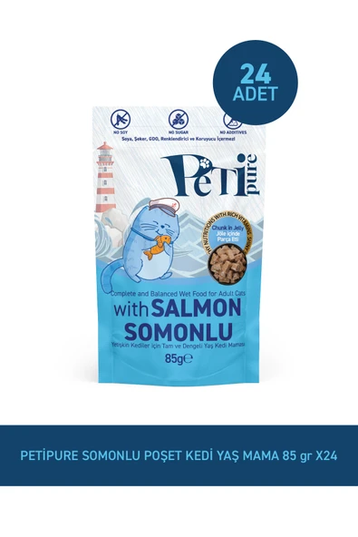 Petipure Somonlu Yaş Kedi Maması 85 gr x 24 Adet – Jöle İçinde Parça Etli - Yetişkin Kedi