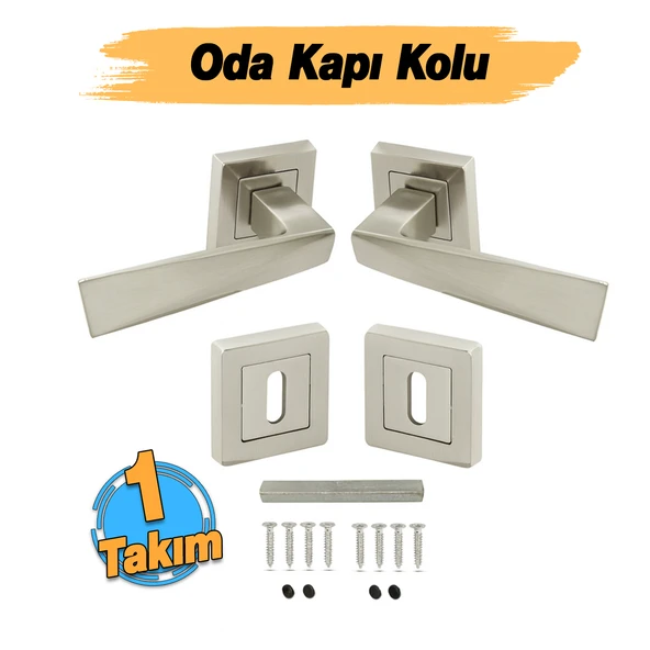 Penta Nikel İnoxKare Rozetli Oda Kapı Kolu (1 TAKIM: 2 Adet Kol + 2 Adet Rozet + Bağlantı Demiri) - Resim 2