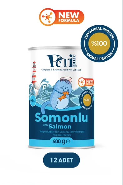 Petipure Somonlu Yaş Konserve Yetişkin Kedi Maması, Jöle İçinde Parça Etli, 400 gr x 12 Adet