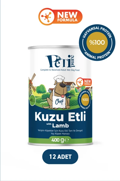 Petipure Kuzu Etli Yaş Konserve Yetişkin Köpek Maması, Jöle İçinde Parça Etli, 400 gr x 12 Adet
