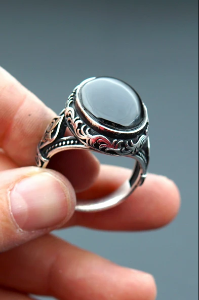 925 Ayar Gümüş Erkek Oltu Taşı Yüzük sy00092 - Resim 4