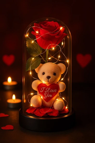 Dekoratif Tasarım Fanus LED Işıklı Kırmızı Gül I Love You Ayıcık Sevgiliye Romantik Aşk Hediye Seti - Resim 2