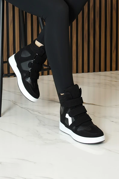 Erkan Saçmacı Talvi Siyah Beyaz Süet Yuvarlak Burun Cırt Cırtlı Gizli Dolgu Topuklu Günlük Bot - 4