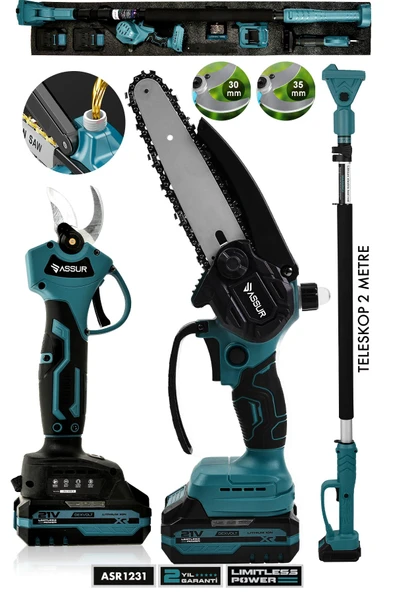 Assur Profesyonel 3'lü Set 21V Çift Akülü Teleskopik Kollu Bağ Makası & Budama Testeresi ürün görseli 1