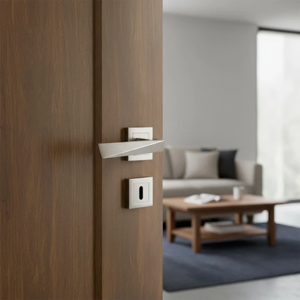 Penta Nikel İnoxKare Rozetli Oda Kapı Kolu (1 TAKIM: 2 Adet Kol + 2 Adet Rozet + Bağlantı Demiri) - Resim 4