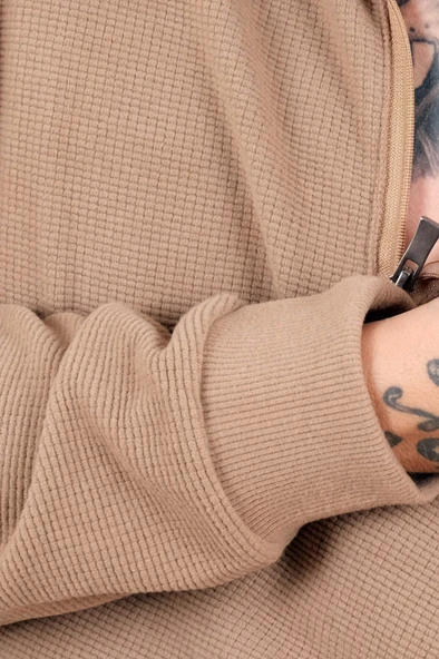 Büyük Beden Erkek Sweat Polo Yaka Waffle Selanik Sütlü Kahve 25822 - Resim 2