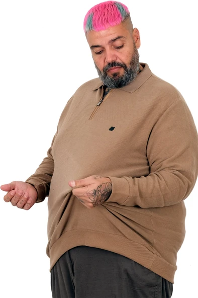 Büyük Beden Erkek Sweat Polo Yaka Waffle Selanik Sütlü Kahve 25822 - Resim 3