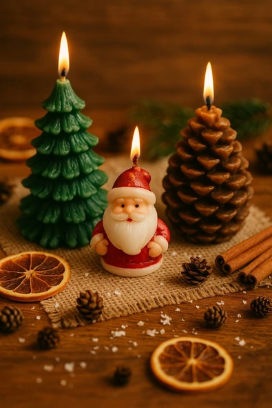 3’lü Yılbaşı Temalı Masa ve Ev Dekoru Noel Baba Kozalak ve Çam Ağacı Temalı Mum Yılbaşı Hediye Seti ürün görseli