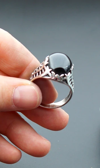 925 Ayar Gümüş Erkek  Oltu Taşı Yüzük sy00094 - Resim 3