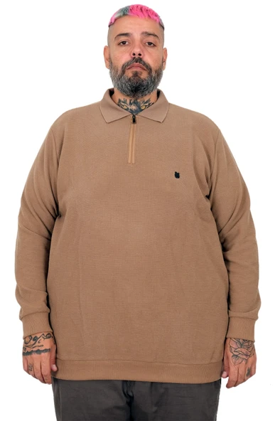 Büyük Beden Erkek Sweat Polo Yaka Waffle Selanik Sütlü Kahve 25822 ürün görseli 1