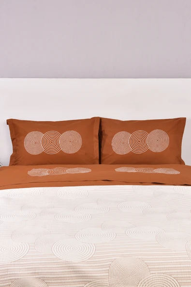 Dairesel İşlemeli Çift Kişilik Yatak Örtülü Nevresim Takımı Taba %100 Pamuk - Resim 2