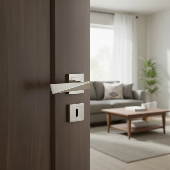 Penta Nikel İnoxKare Rozetli Oda Kapı Kolu (1 TAKIM: 2 Adet Kol + 2 Adet Rozet + Bağlantı Demiri) - Resim 5