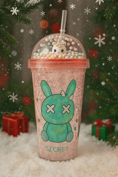 Sevimli Bunny Tavşan Figürlü Renkli Boncuklu Kristal Efektli Tasarım Pipetli Bardak Suluk Pembe 2087 - Resim 2