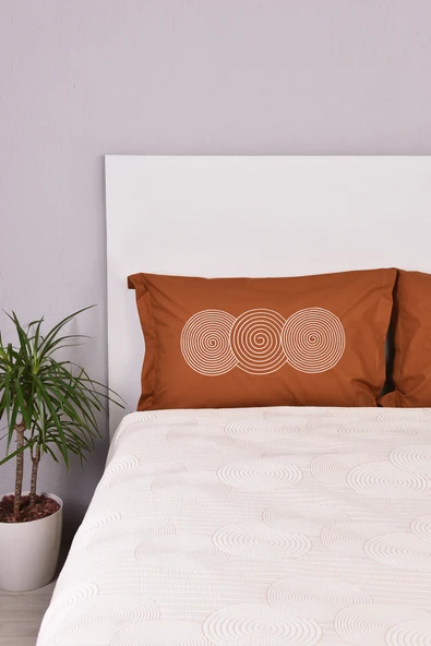 Dairesel İşlemeli Çift Kişilik Yatak Örtülü Nevresim Takımı Taba %100 Pamuk - Resim 4