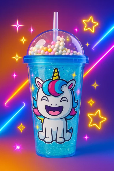 Renkli Boncuklu Unicorn Tasarımlı Pipetli İçecek Bardağı Çocuklar İçin Sevimli Suluk Mavi 2646 - 2