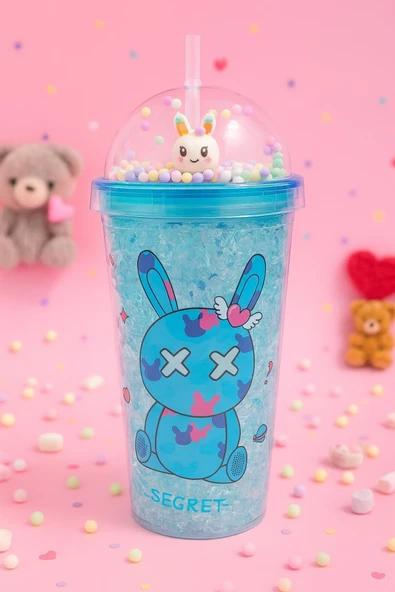 Sevimli Bunny Tavşan Figürlü Renkli Boncuklu Kristal Efektli Tasarım Pipetli Bardak Suluk Mavi 2087 ürün görseli 1