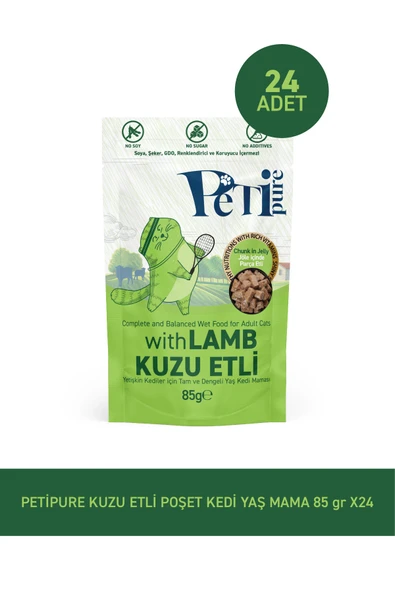 Petipure Kuzu Etli Yaş Kedi Maması 85 gr x 24 Adet – Jöle İçinde Parça Etli - Yetişkin Kedi