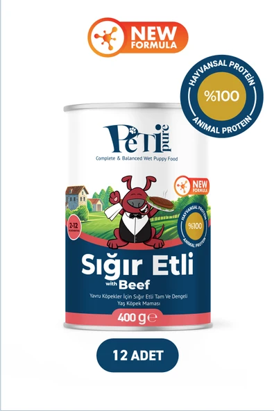 Petipure Sığır Etli Yaş Konserve Yavru Köpek Maması, Jöle İçinde Parça Etli, 400 gr x 12 Adet